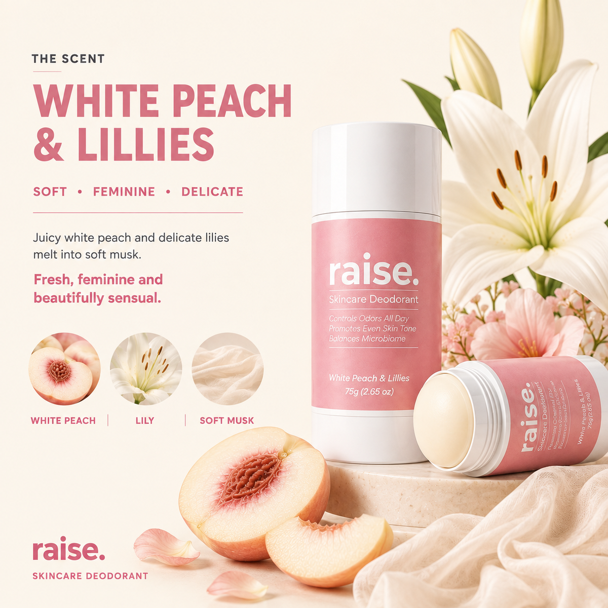 Skincare Deodorant. White Peach & Lillies 75g